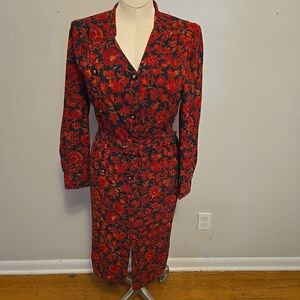 Vintage Astor Germany Midi Dress Belted Red Black Floral 10